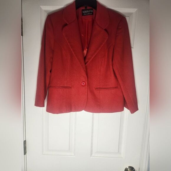 Adolfo International 8P Fire EngineRed 100% WOOL L/slv Lined Women Jacket Blazer - Picture 3 of 8